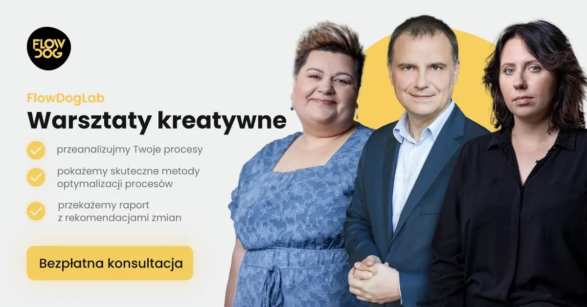 FlowDogLab Warsztaty kreatywne. Przeanalizujemy Twoje procesy, pokażemy skuteczne metody optymalizacji procesów, przekażemy raport z rekomendacjami zmian. Bezpłatna konsultacja. Od lewej: Aneta Gańko, Dominik Dubrowski, Karolina Odzimkowska.